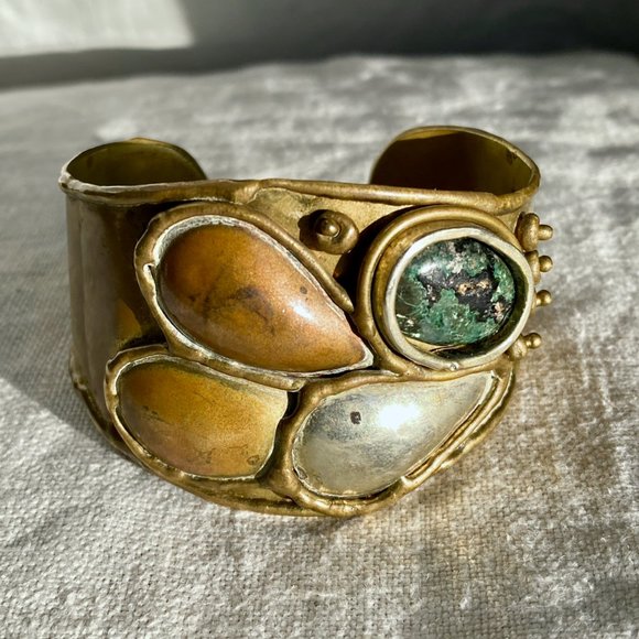 Artisan Brass Cuff Bracelet with Turquoise and Multi-metal Accents - Picture 1 of 3